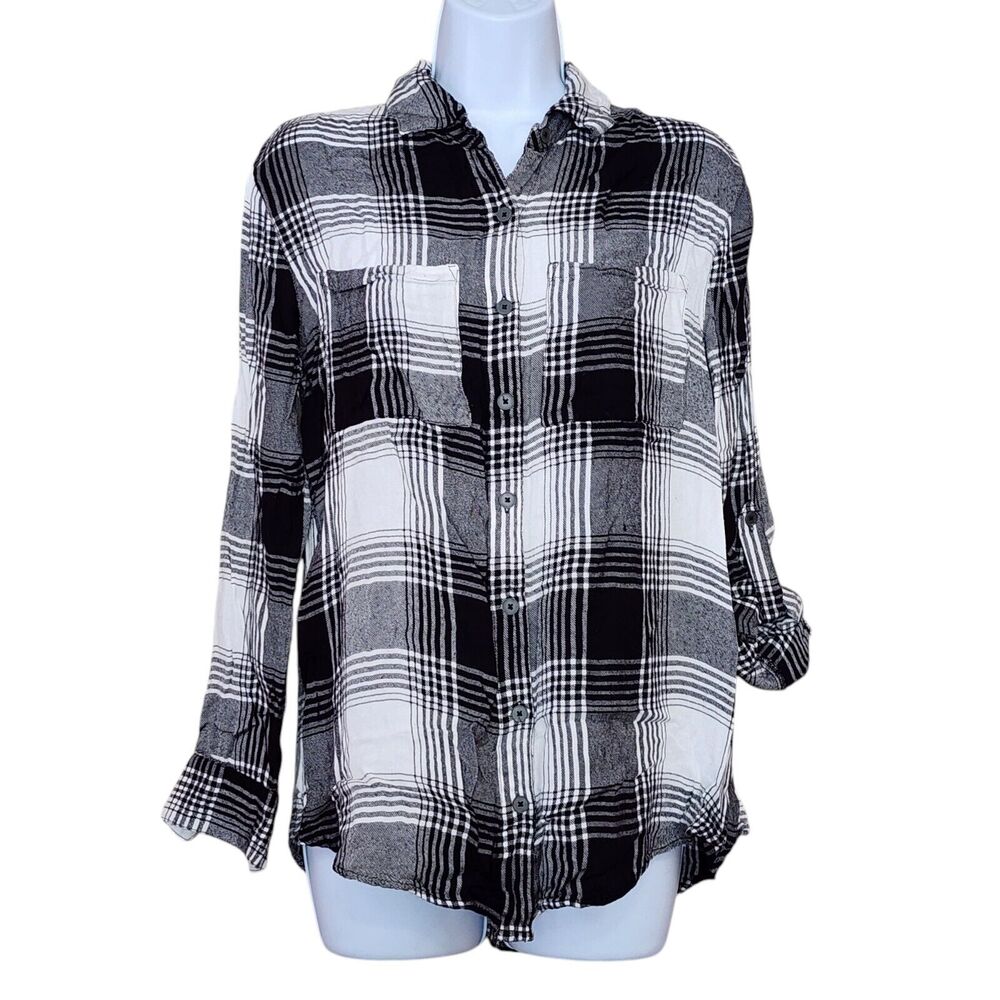 Full Tilt Womens Top Size S Black White Plaid Roll Tab Sleeve Button Down Soft